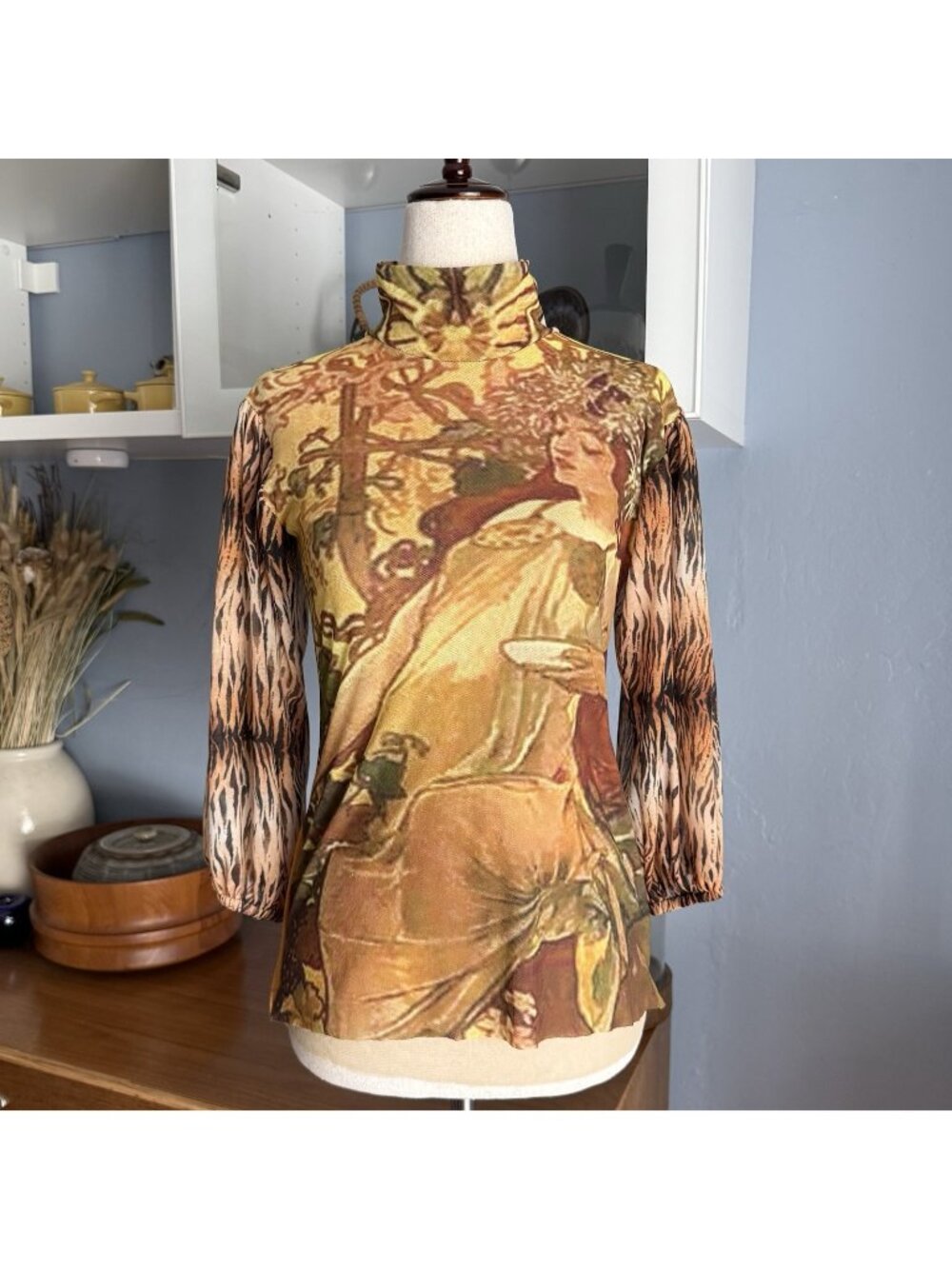 Petit Pois by Viviana G Mesh Graphic Top Alphonse Mucha Print Long Sleeve